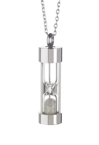 stainless steel hourglass pendant with white diamond dust